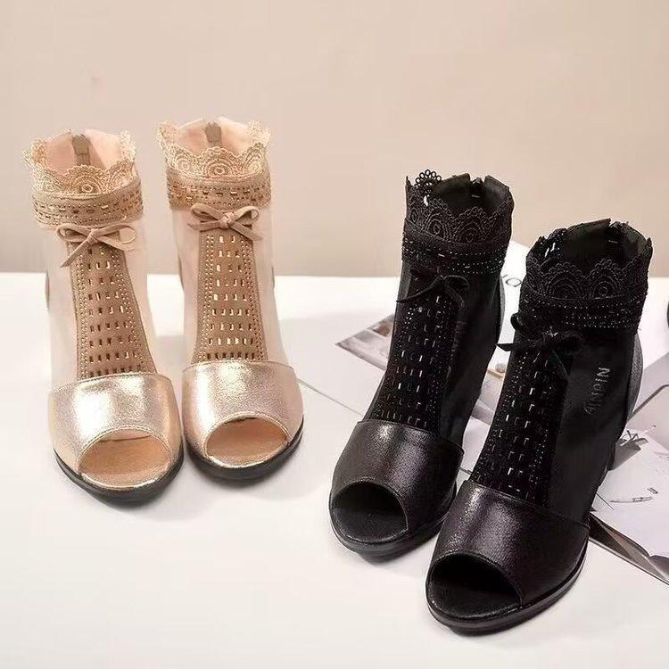 New Chinese Fish Mouth Dancing Shoes Women's Thick Heel Non-slip Quality Mesh Sandals 2026 Summer New Thick Heel Hollow Mesh Boots
