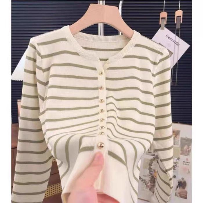 Autumn New Short Cardigan Striped Fashion Women's Crew Neck Knitted Long-sleeved Sweater Bottoming Shirt Tide