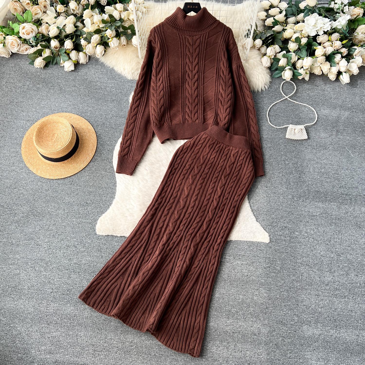 

Зимний новый свитер с длинными рукавами и воротником-стойкой + трикотажная юбка-русалка с высокой талией, женский винтажный костюм из 2 предметов One Size коричневый