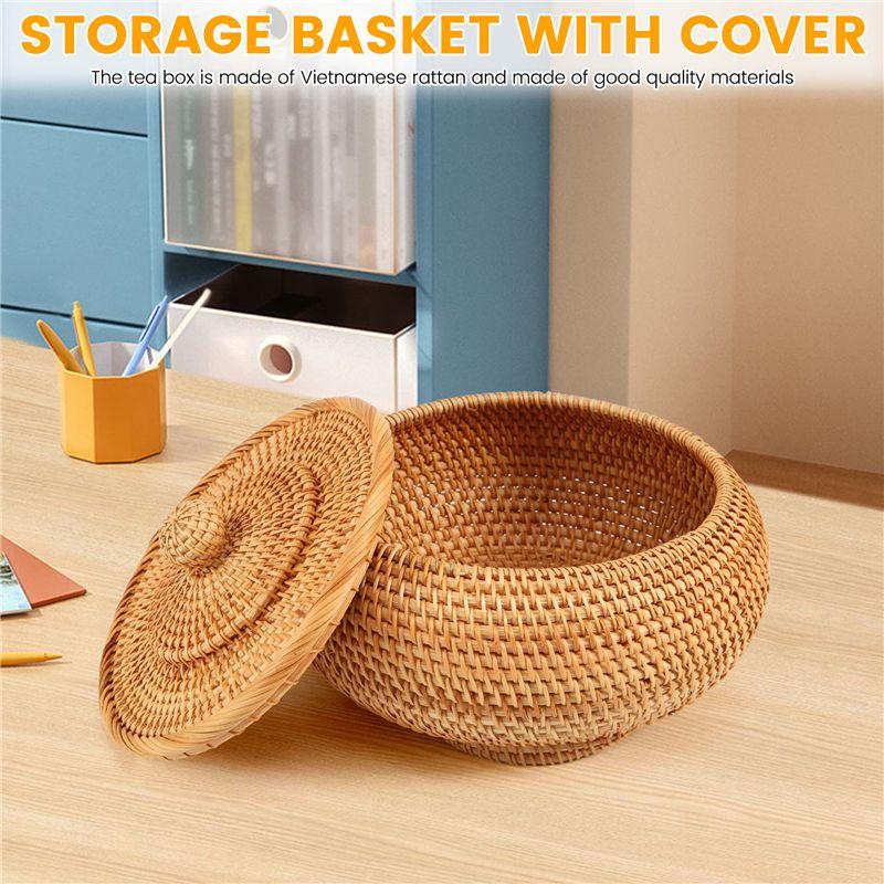 Versatile Storage Basket Hand-Woven Rattan Woven With Cover Round Primary Color Chinese Jewelry Snacks Tea Set Storage Box