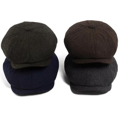 Męska czapka typu newsboy z filcu wełnianego: Ośmiokątny Beret w Jodełkę na Jesień/Zimę