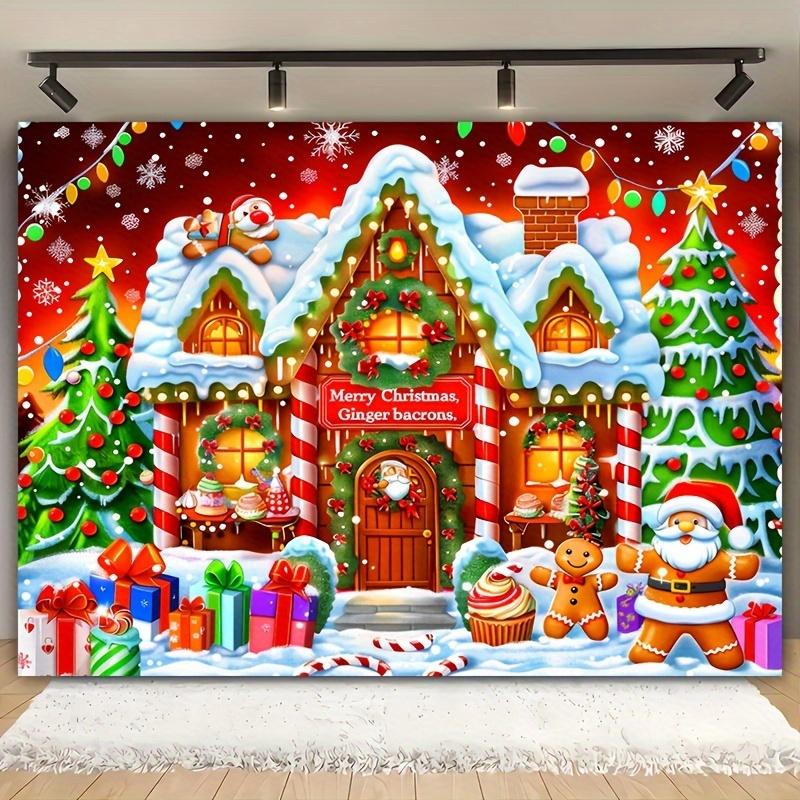 Christmas Background Cloth Equipped with Cookie Statues Gifts Fairy Tale Cottages and a Christmas Tree In the Snow