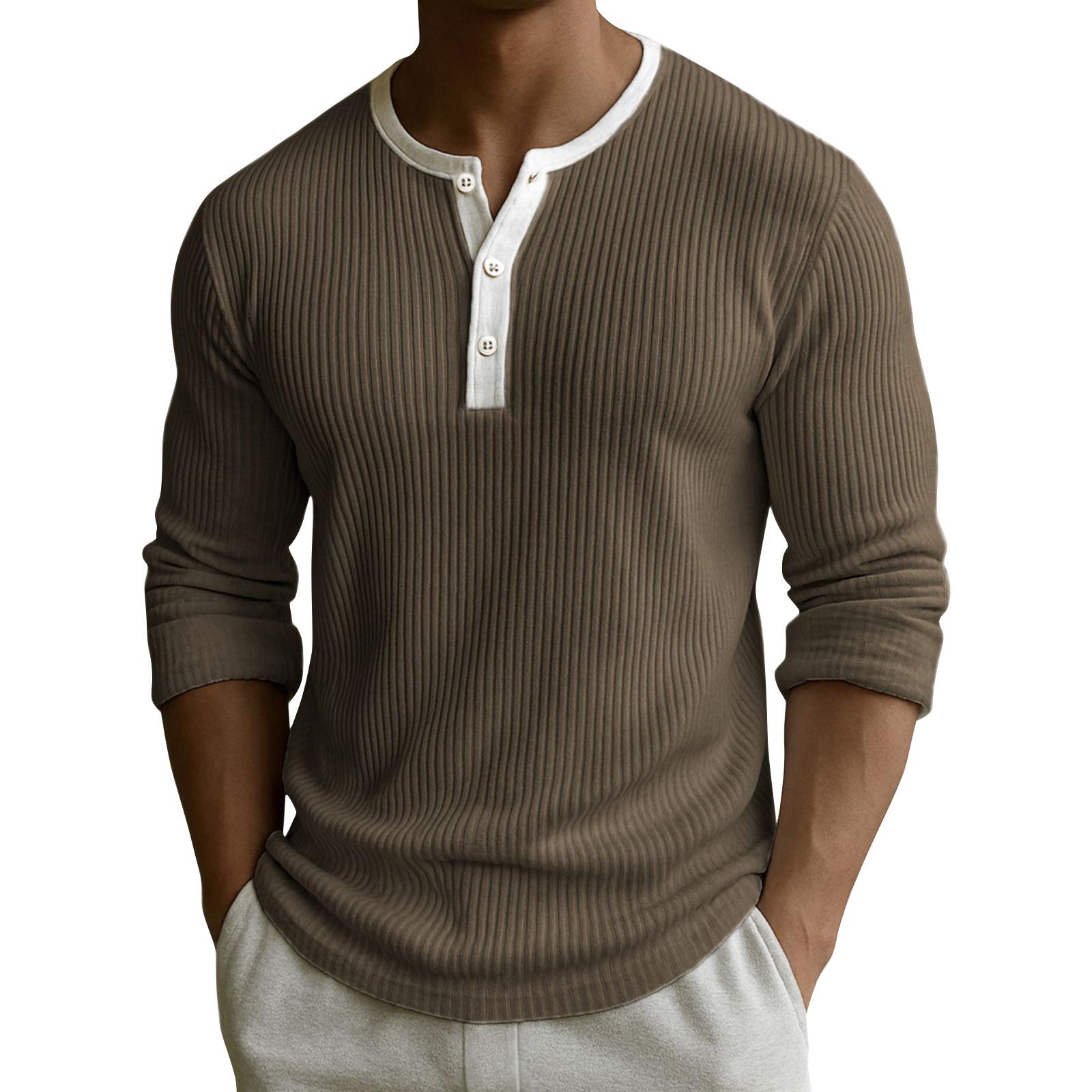 

Мужской однотонный топ с рубчатой текстурой, на пуговицах, с круглым вырезом и длинными рукавами L