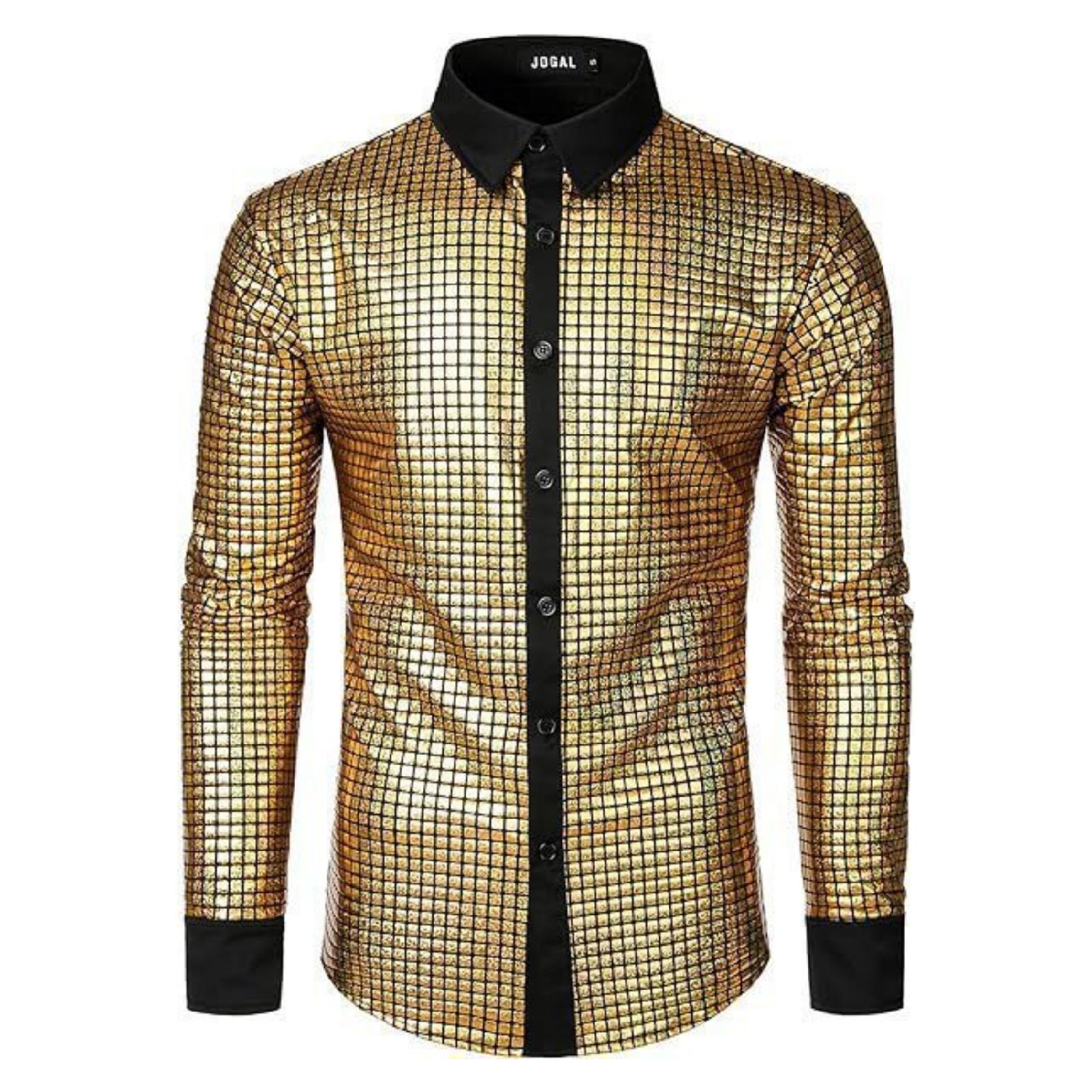 

Men s Casual And Fashionable Lapel Gold-embossed Sequined Top, Men s Lapel Long-sleeved Button-down Shirt XL жовтий