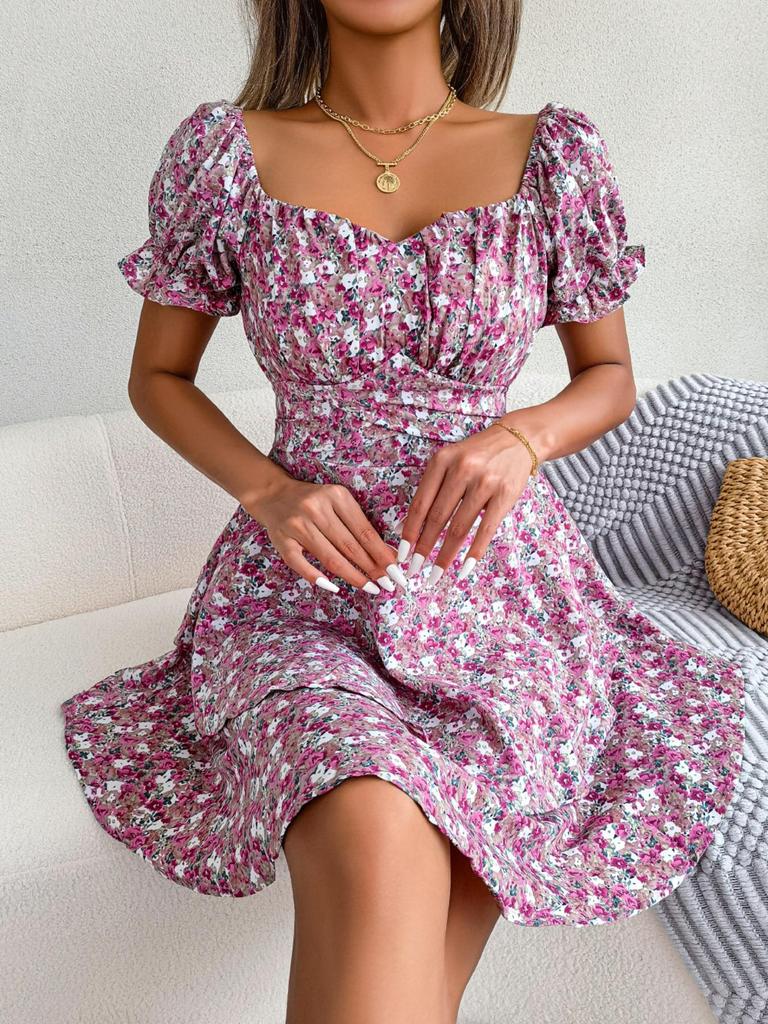 Abito Stampato con Scollo Quadrato Vita Alta Abito Elegante da Donna Manica Corta Abiti Ampi Abito Casual