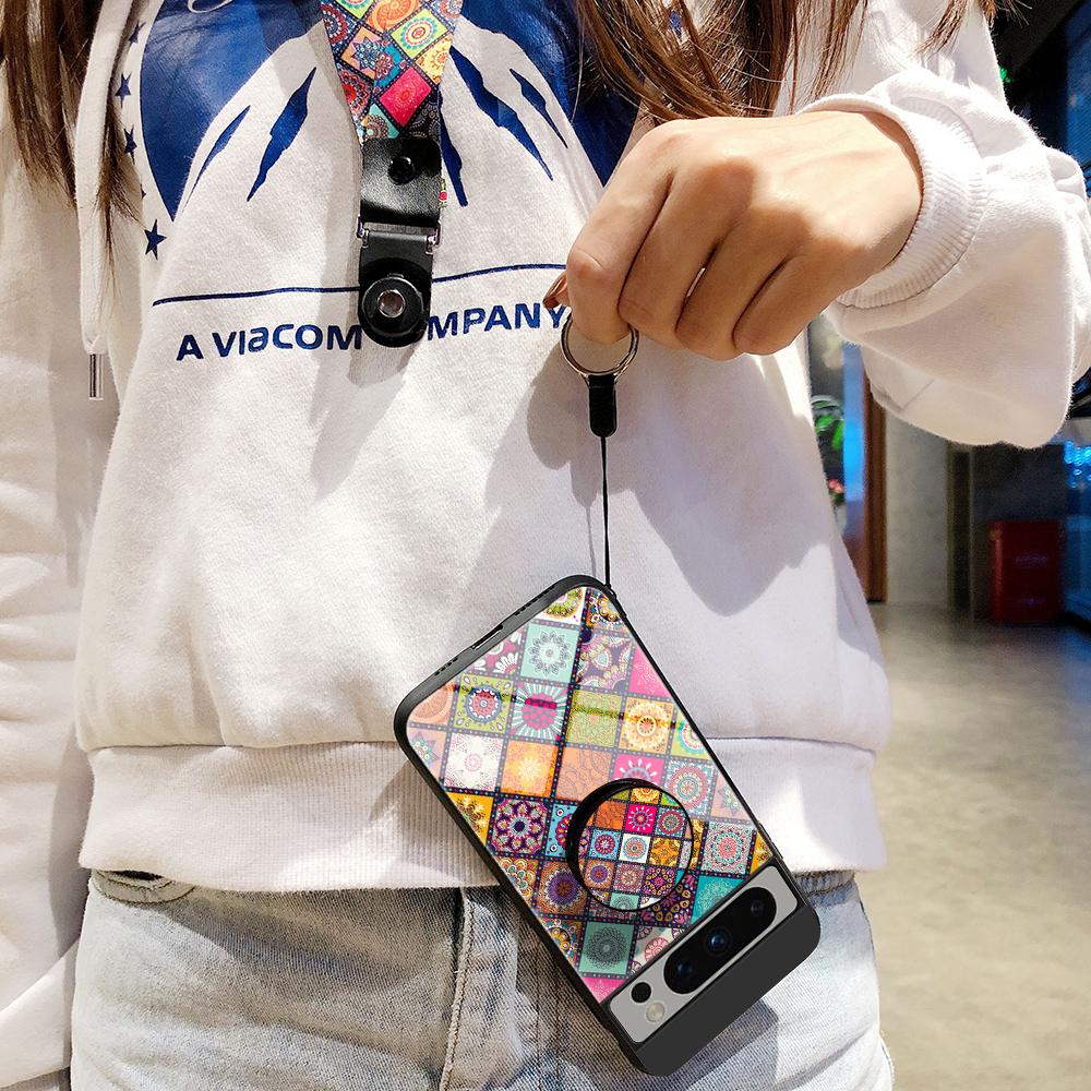 

For Google Pixel 8 Pro Flower Pattern Kickstand Case PC+TPU+Tempered Glass Phone Cover with Lanyard Color Pattern