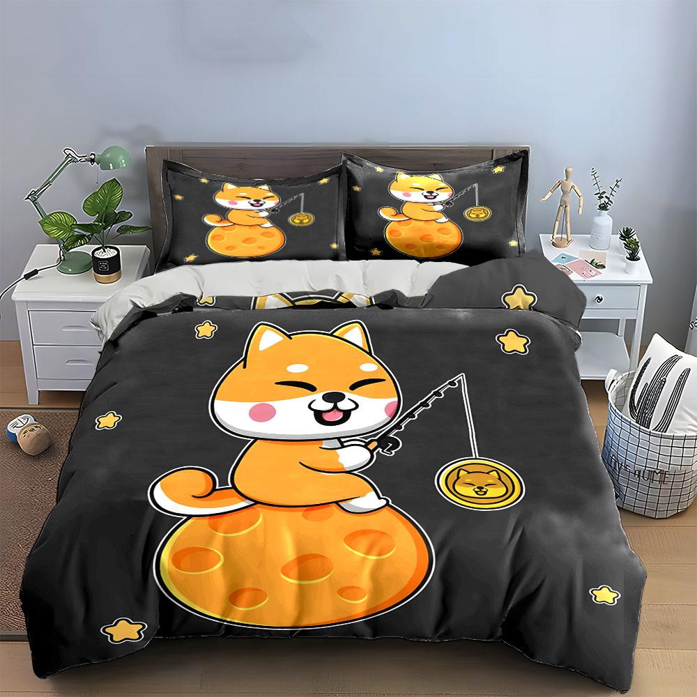 3Pcs Cute Shiba Fishing For Coin On Moon Print Duvet Cover + 2 Pillowcases, Large-Sized Home Decor, Gifts