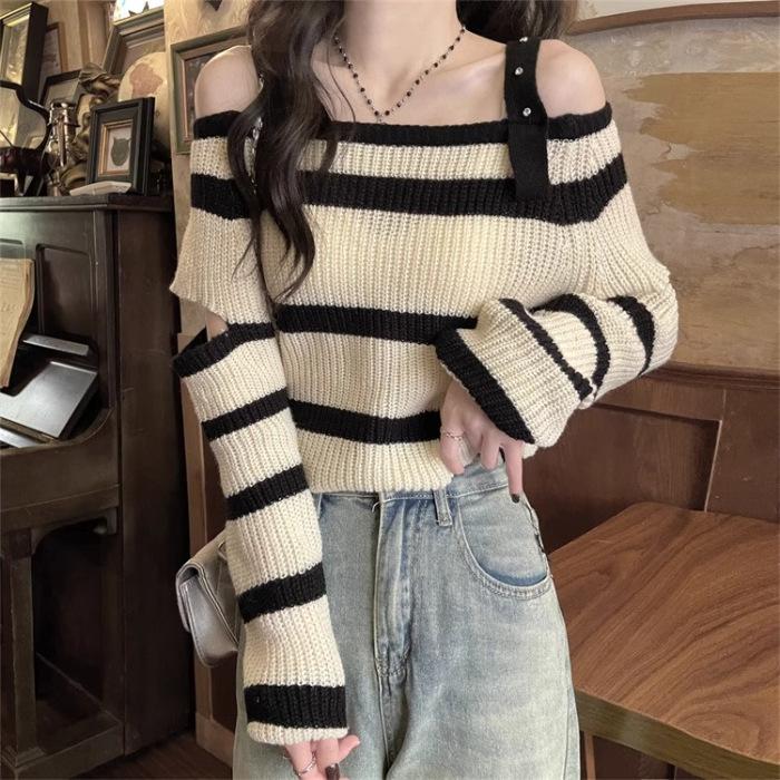

Осенний новый сексуальный полосатый свитер для женщин, короткий дизайн, сдержанный свитер с открытыми плечами One size