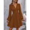 Autumn Winter V Neck Lantern Sleeve Pleated Waist Dress