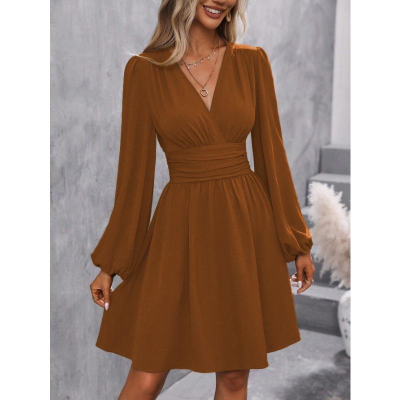 Autumn Winter V Neck Lantern Sleeve Pleated Waist Dress
