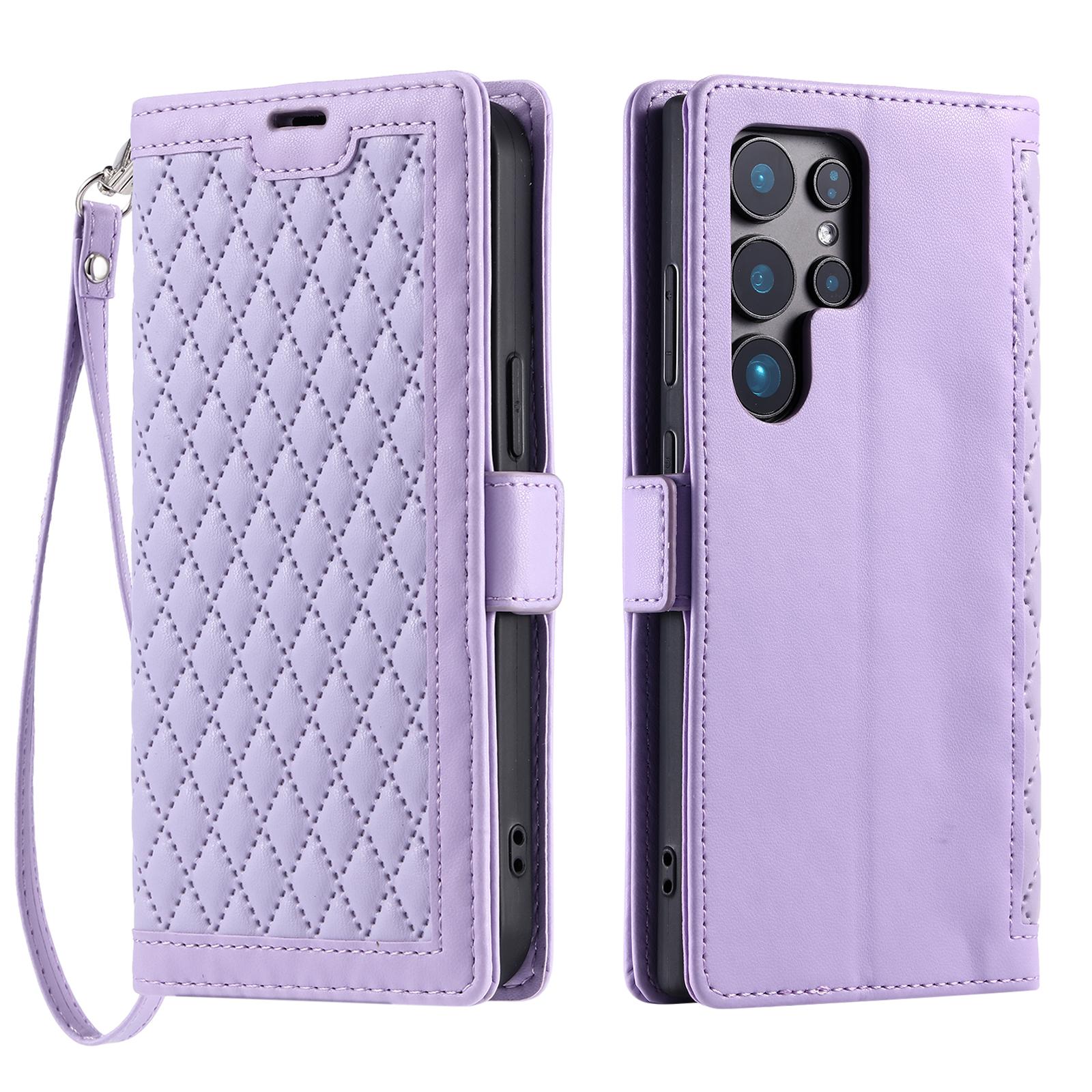 

For Samsung Galaxy S26 Ultra Leather Case Rhombus Texture Wallet Stand Phone Cover with Wrist Strap