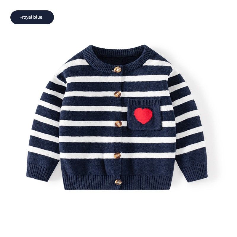 Spring and Autumn Kids Striped Sweater Coat Love Heart-Shaped Men and Women Kids' Sweater Baby Girl Long Sleeve Sweater Cardigan