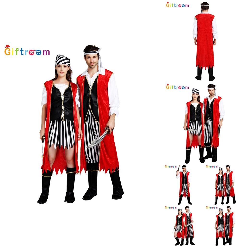 תחפושת פיראטים אלגנטית ומסוגננת לזוגות למסיבות ליל כל הקדושים עם גלימה אדומה