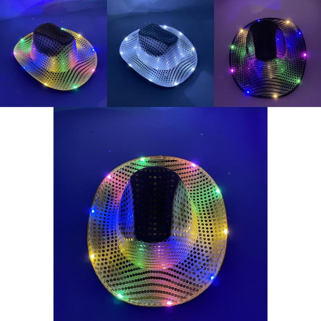 Four Color Led Light Up Western Cowboy Hat With Sequin Pattern For Party Cosplay Stage Performance