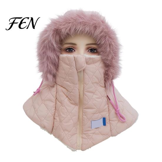 Adjustable Outdoor Riding Headgear Women Winter Balaclava Hat, Quilted Face Mask Hood Zipper Closure, Fuzzy Trim, Windproof Ski Cap with Fleece Lined,