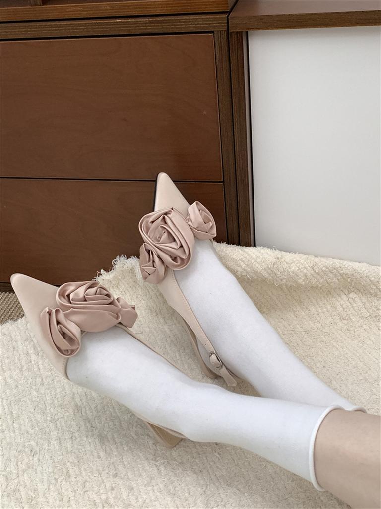 Pointed French Flower Black Baotou Sandals Fairy Shoes Evening Celebrity Single Shoes