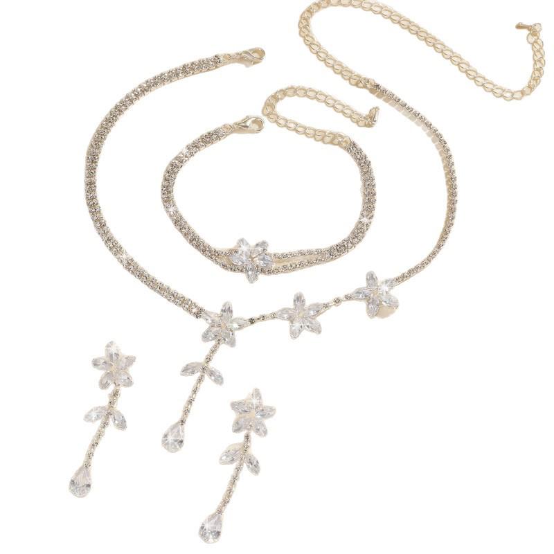European & American Full Diamond Bridal Jewelry Set: Necklace, Earrings, Bracelet - Luxury Light Claw Chain Banquet Dress Accessories