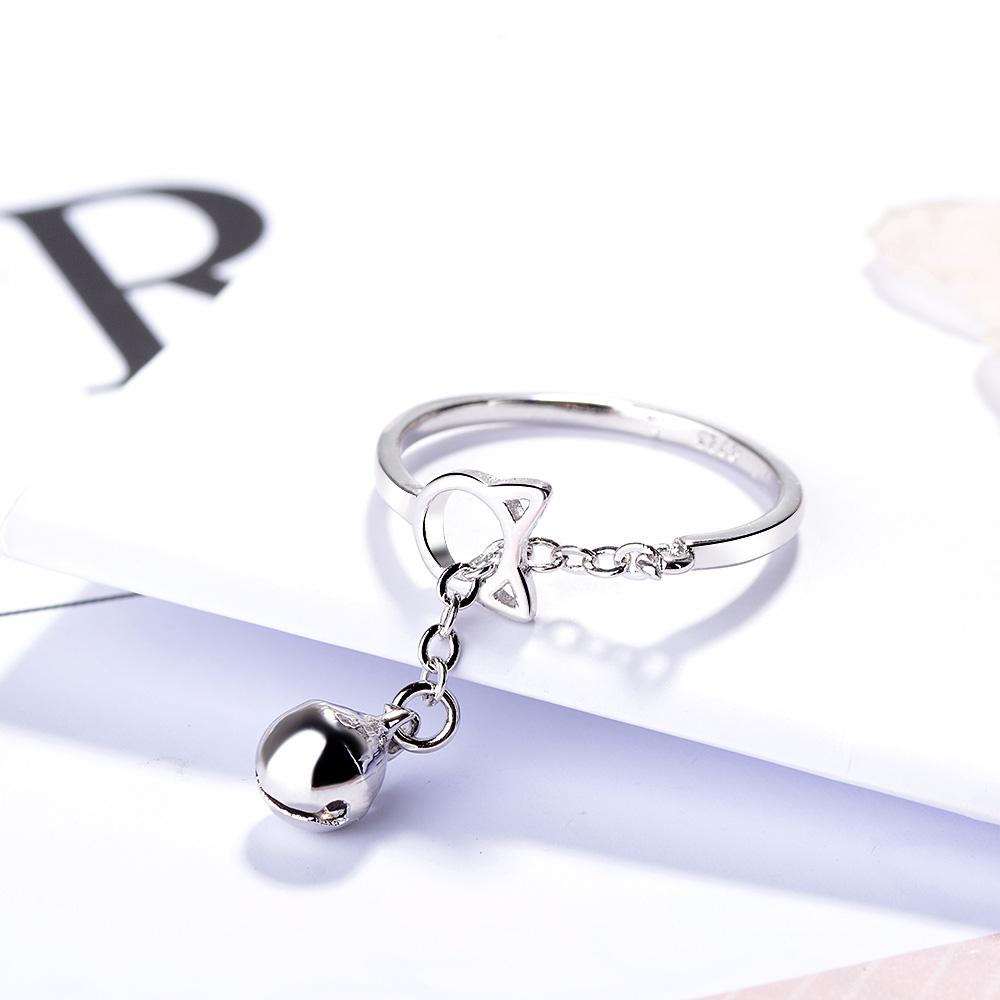 925 Silver New Cute Simple Fashion Cat Head Chain Dangler Bell Ring Unique Opening Adjustable Statement Jewelry For Women
