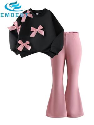 Girls' Two-piece Suit With Bow Long Sleeves, Solid Color Sweatshirt And Trousers