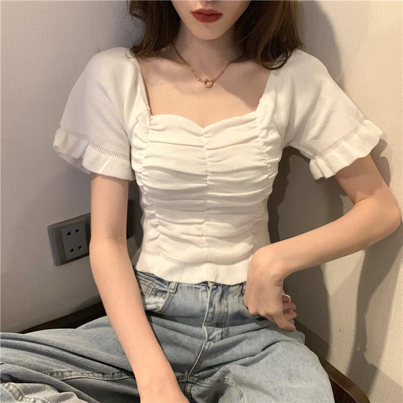Summer Dress New Square Neck Collarbone Pleated Short Sleeve T-Shirt Women's Knitted Cropped Base Shirt Top