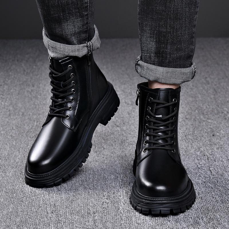 Fashion Men Fashion Original Leather Boots Black White Autumn Winter Shoes Cowboy Tooling Work Boot Handsome Platform Ankle Botas Hombre