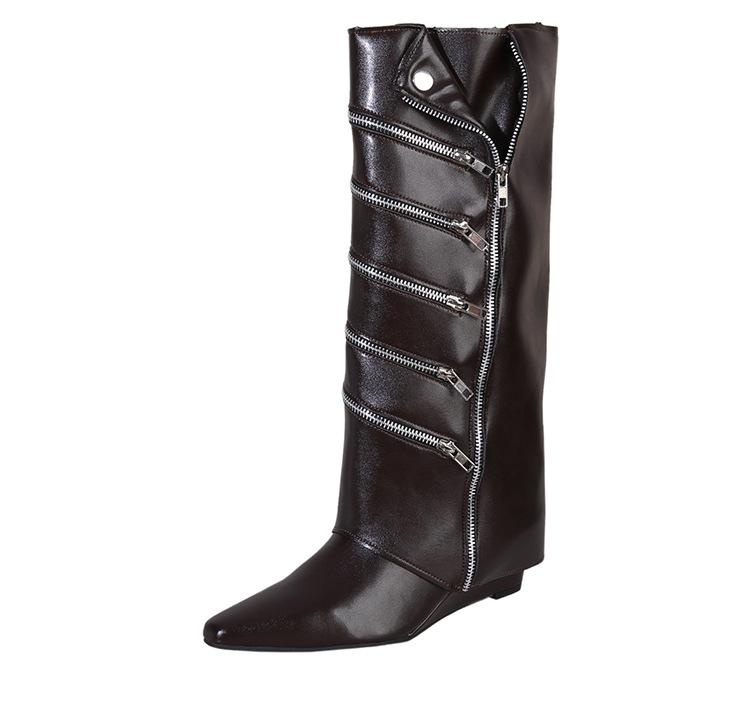 Women's Knee High Boots Fashion Pointed Toe Leather Boots Designer Zip Decorative Trouser Tube Boots for Women Knight Boot Botas