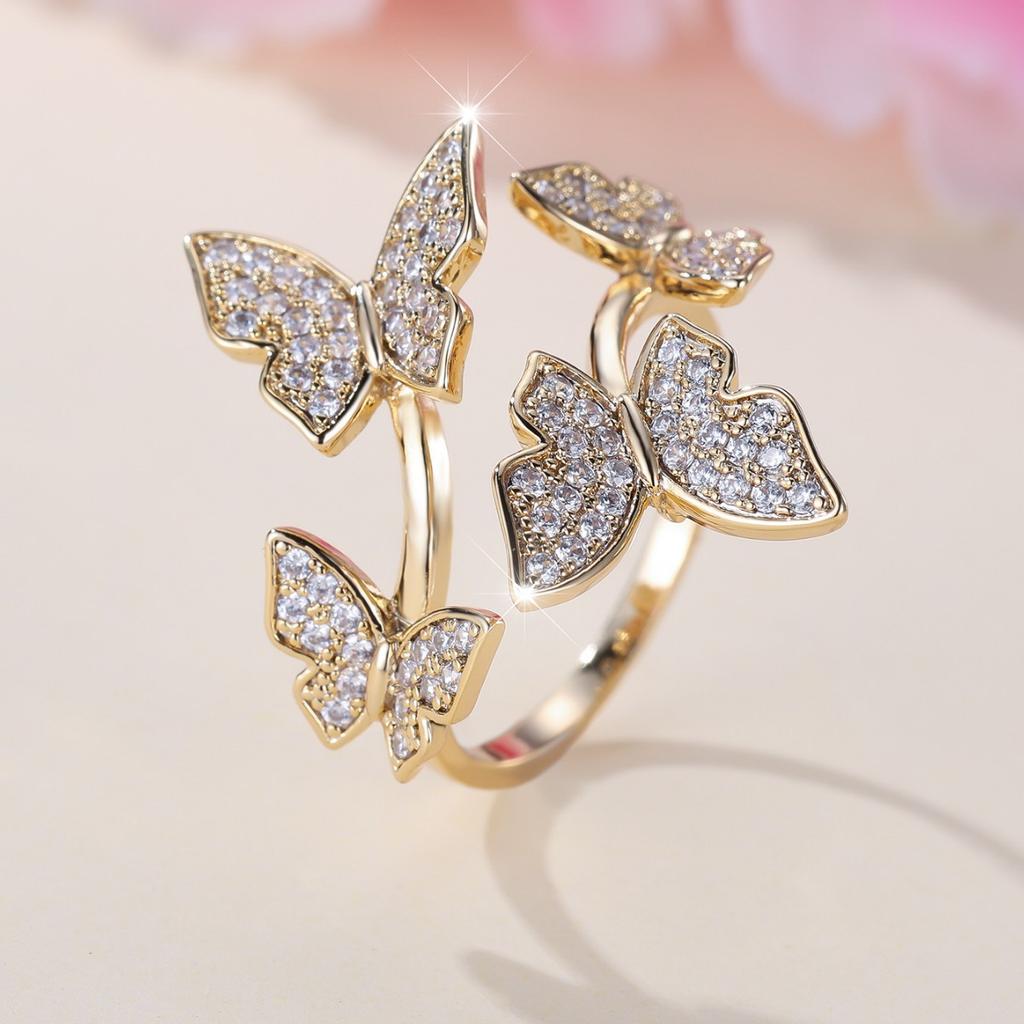 European and American Style Multi-layered, Three-dimensional Butterfly Cubic Zirconia Ring Adjustable Open Gold Ring Jewelry