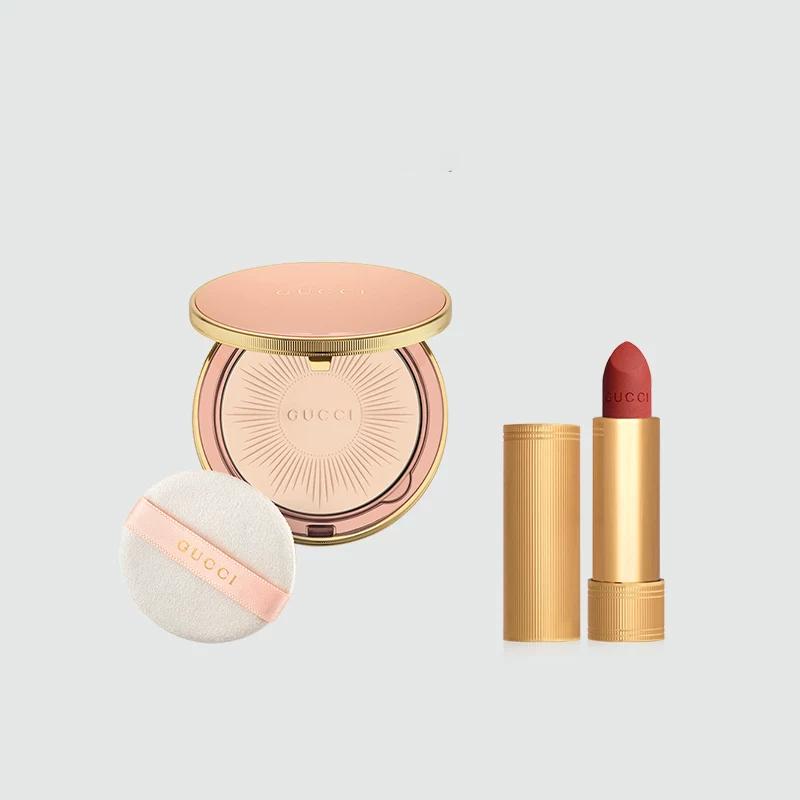 Gucci Makeup Set Small Gold Tube Soft Mist Three-piece Set: #00 Soft Focus Glowing Powder 10g + #217 Color Velvet Mist Lipstick 3.5g + Powder Puff