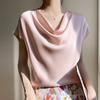 Top Corto da Donna in Seta Raso Primavera Estate, T-shirt Elegante Semplice a Manica Corta con Colletto alla Francese, Blusa Casual Taglie Forti
