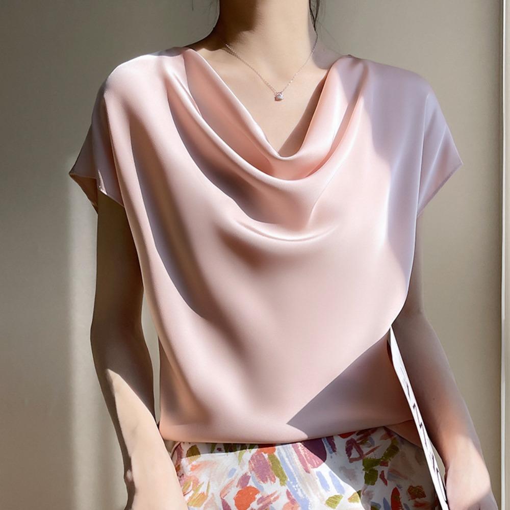 Top Corto da Donna in Seta Raso Primavera Estate, T-shirt Elegante Semplice a Manica Corta con Colletto alla Francese, Blusa Casual Taglie Forti