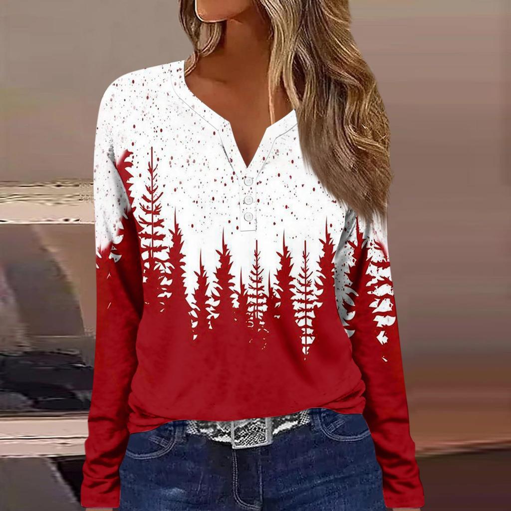 Women's T Shirt Tee Button Christmas Print Long Sleeve Daily Weekend Fashion Basic V Neck Regular Top