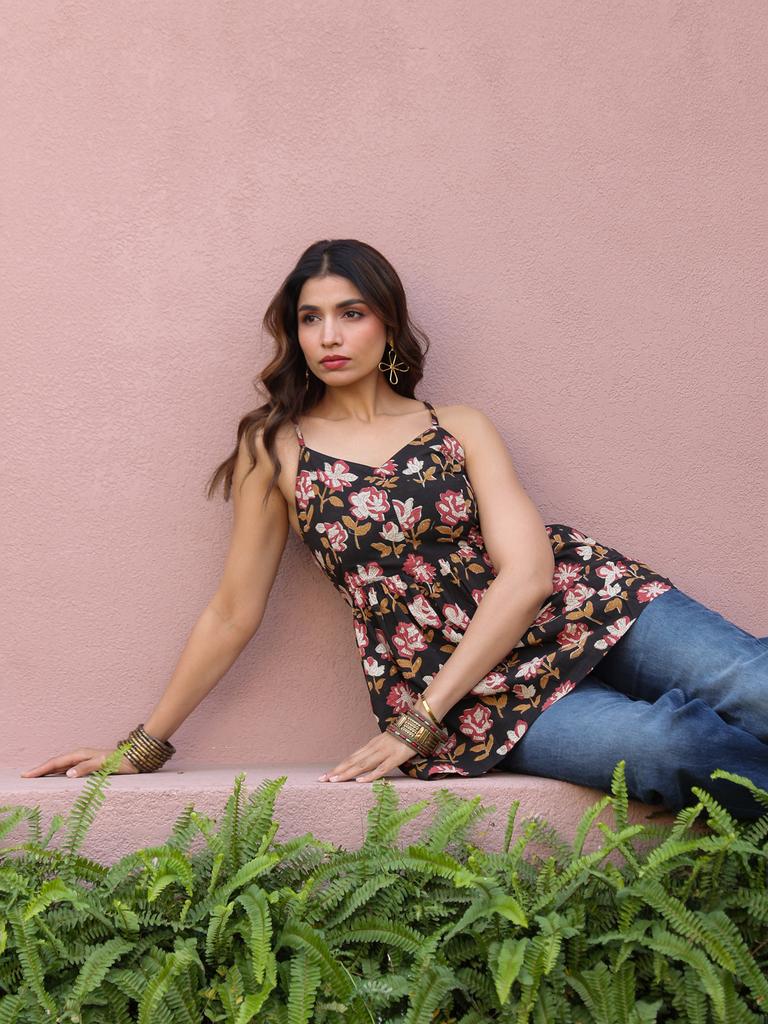 Black Floral Handblock Printed Sleeveless Smocked Fit & Flare Top