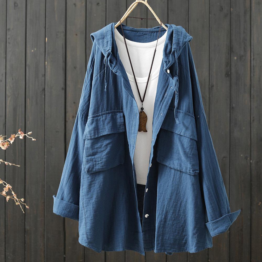 Cotton Yarn Hoodies Cardigan for Women Spring Japan Style Hooded Short Long Solid Shirts and Blouse Big Size Tops