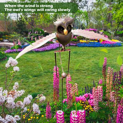Owl Wind Chime Iron Wing Flapping Owl Wind Spinner Weather Resistant Eagle Stake Garden Accsesories Outdoor Art Statue Decors