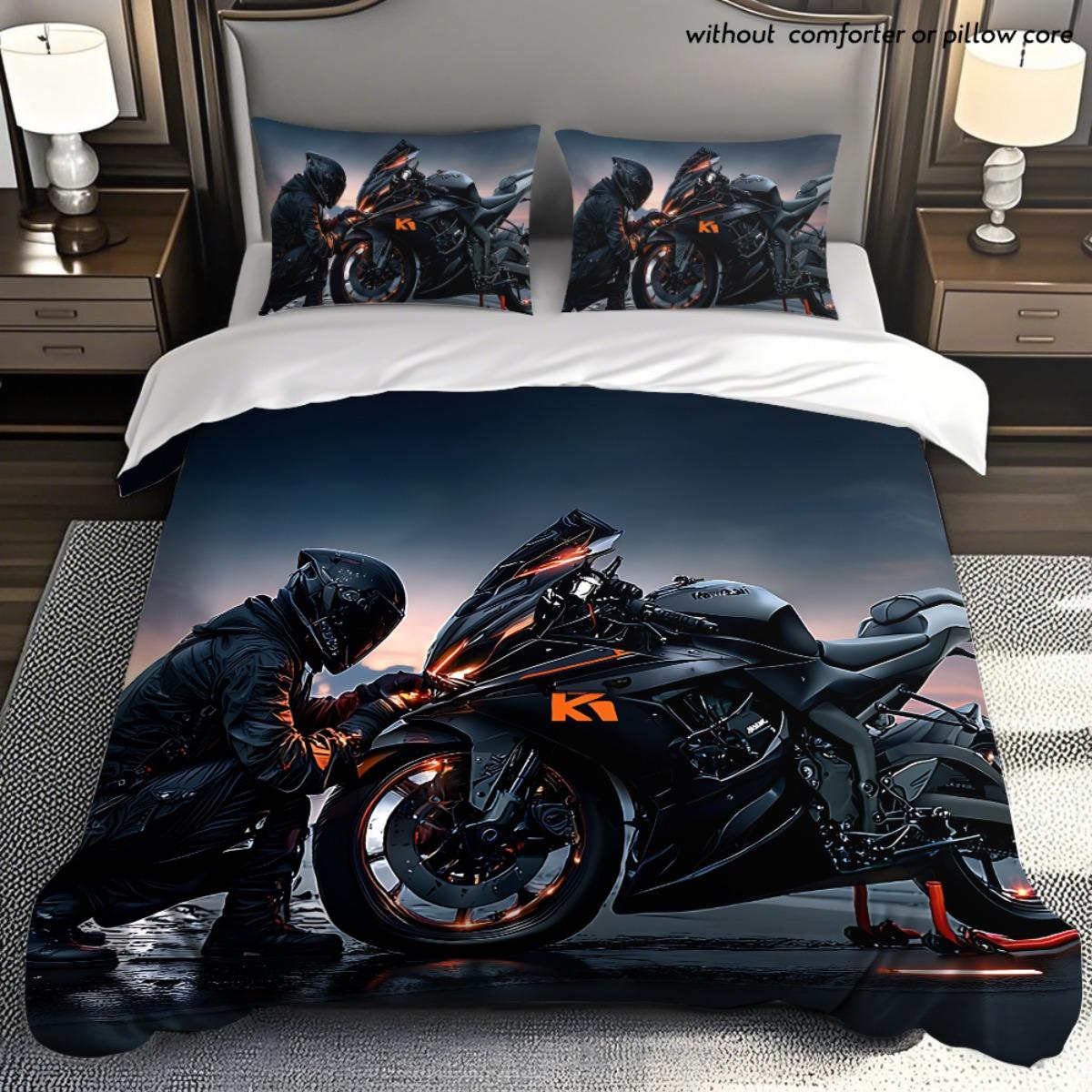 

2/3Pcs Wild Style Black Orange Motorcycle Pattern Duvet Cover Set, Multicolor HD Print Coreless Bedding with Pillowcases, Soft C EU Twin(135x200cm)