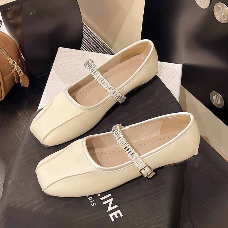 Temperament Square Head Rhinestone Light Mouth Word French New Versatile Silver Single Shoes Women's 2025 Summer Mary Jane Small Leather Shoes
