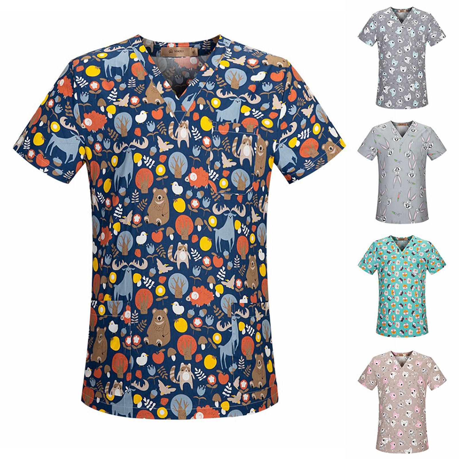 

Женская мода с v-образным вырезом, короткими рукавами и карманами, топы с принтом