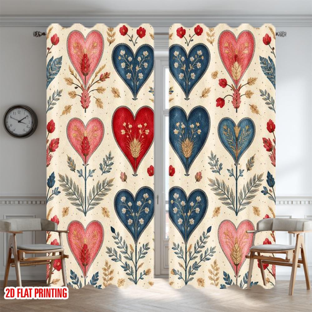 2D Flat Printing 2pcs Curtain Window Curtains Valentine's Heart Flowers Digital Printed Polyester Drapes Party Decorations