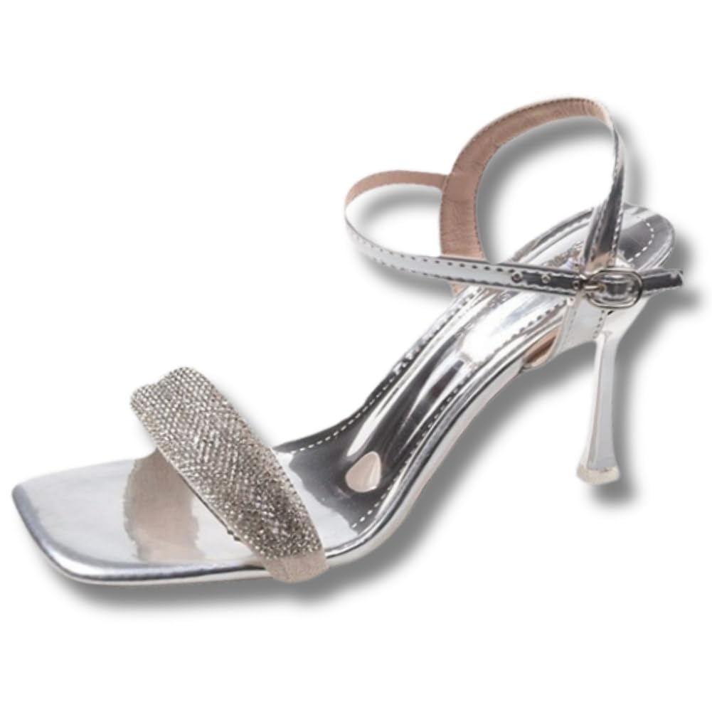 High Heel Open Stiletto Ankle Sparkly Japanese Shoe Size [ALVEIN] Sandals, Toe, Heels, Women's, Glitter, Sequins, Strap, Cabaret, (Silver, Dimensions,