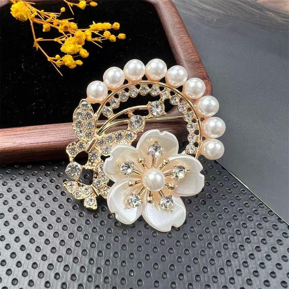 Korean Style Pearl & Rhinestone Flower Brooch Silk Scarf Buckle