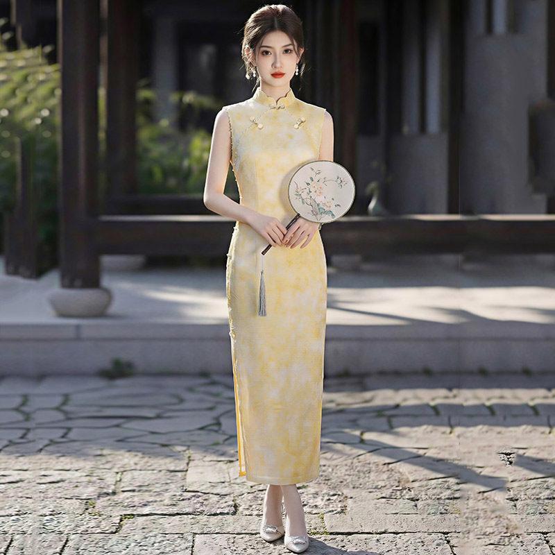 Yellow national style new Chinese sleeveless long cheongsam improved young new women s high-end summer S