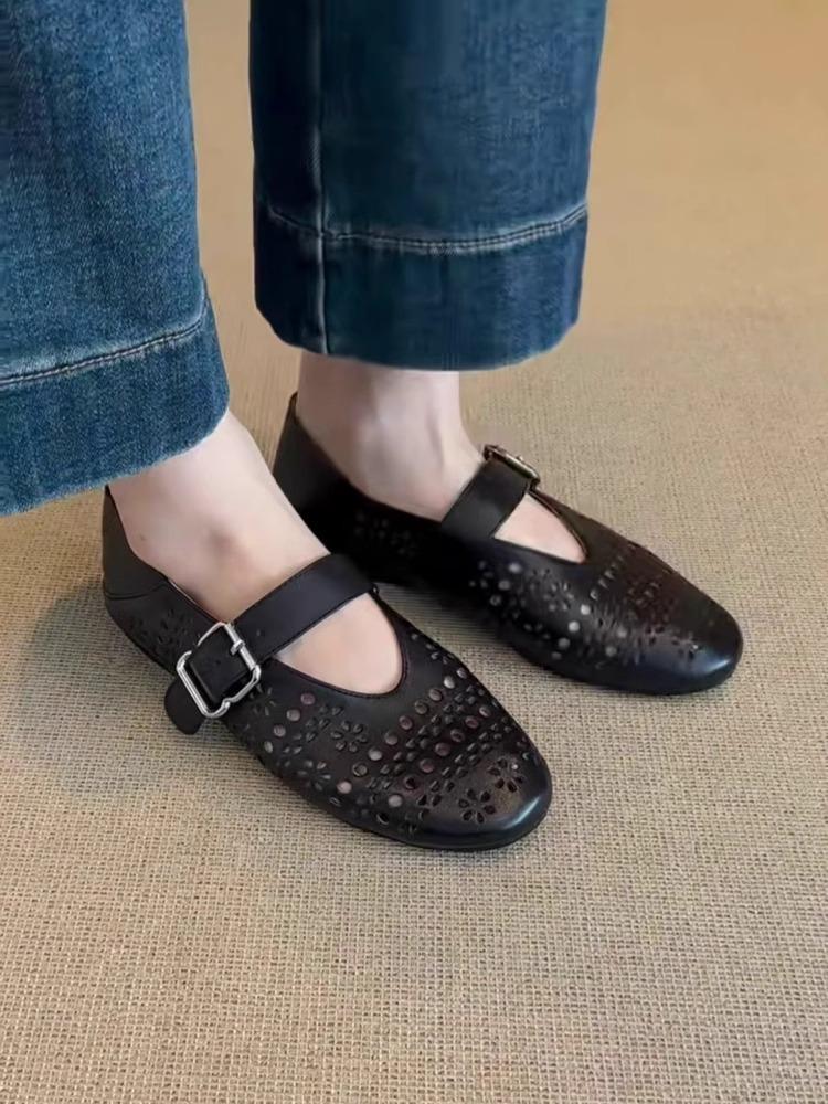 

Ультрамягкие туфли Мэри Джейн из мягкой кожи Luo Fansen с вырезанным словом, на плоской подошве, дышащие, с мелким вырезом, ретро балетки 40 чёрный