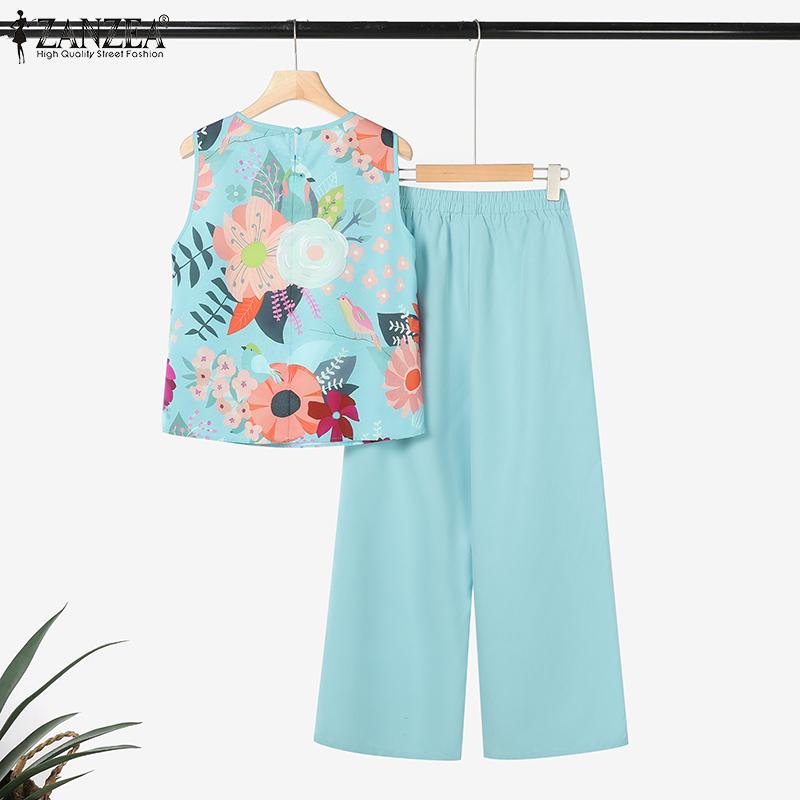 ZANZEA Womens Sleeveless Print Vest and Pants Summer Two Piece Suit Sets