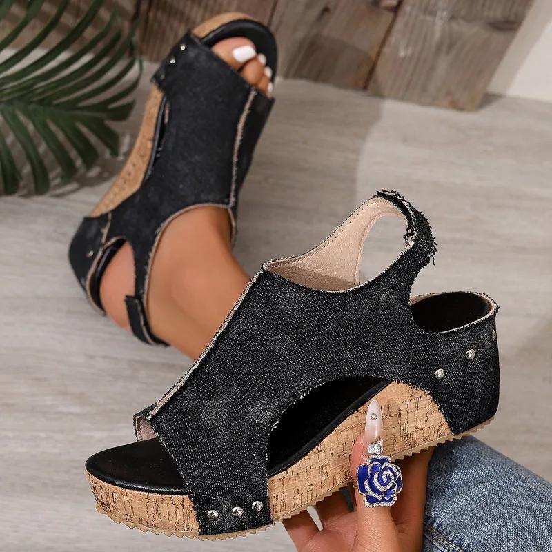 Fashion 2025 Plus Size Female Shoes Open Toe Women's Sandals Summer Denim Daily Sandals Women Round Toe Platform Wedges Shoes Women