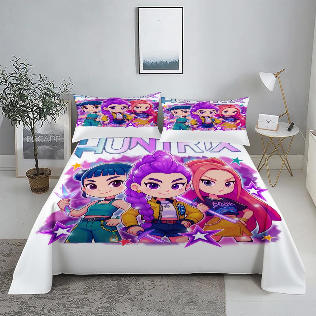ZOEY D-Demon Hunters K-pop Bed Sheet Set 3D Printed Bed Flat Sheet With Pillowcase Bed Linen King Queen Size