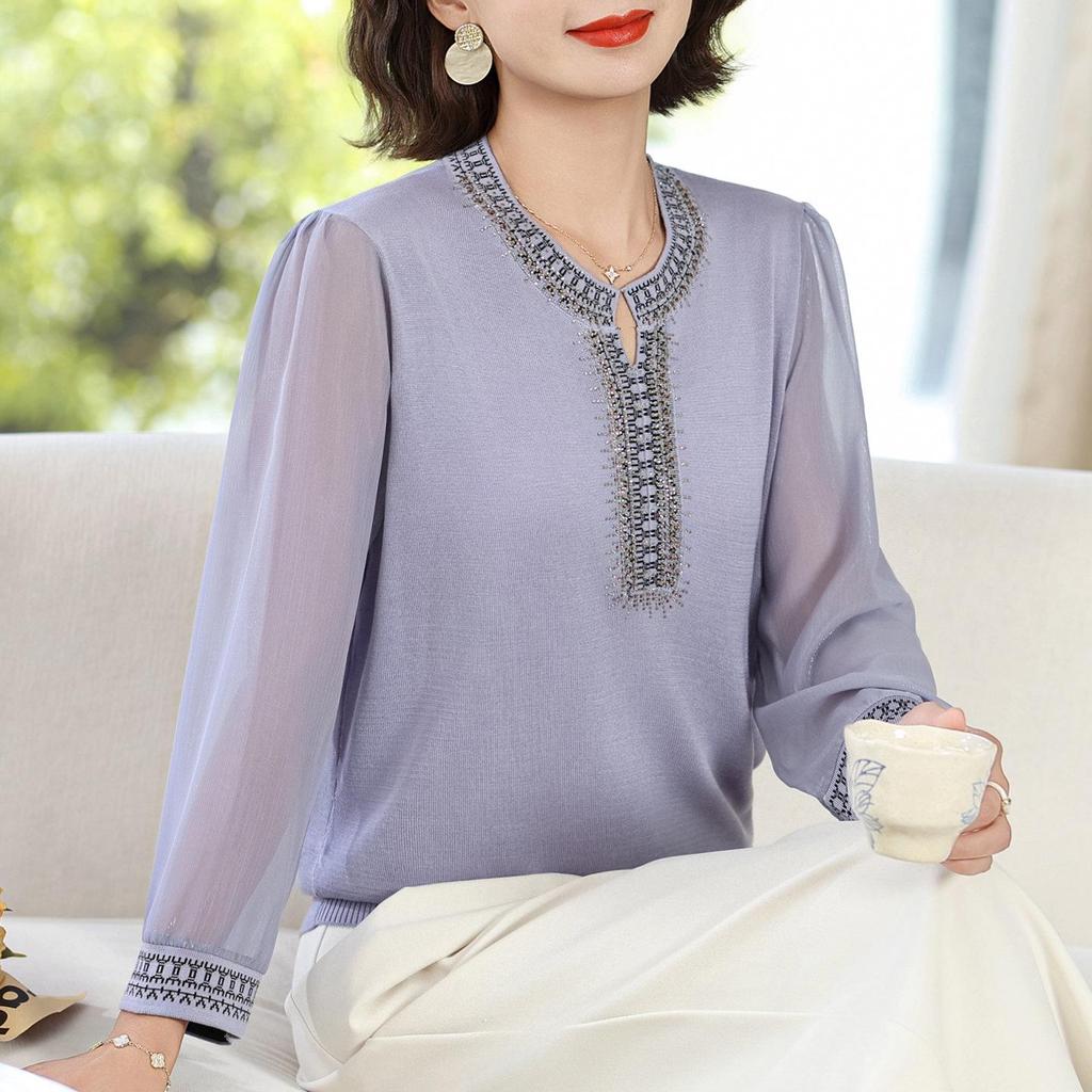 Schickes Herbst-Rundhals-Langarm-T-Shirt für Frauen mittleren Alters & ältere Frauen - Stilvolles Strickoberteil mit Gaze-Ärmeln