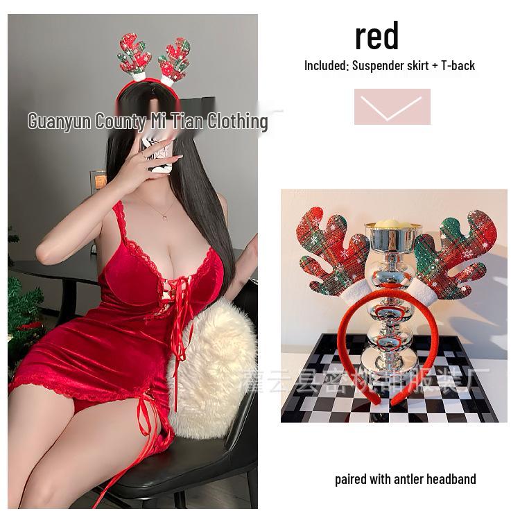 Damen Rotes Samt Träger-Weihnachtsnachthemd mit Schnürdesign
