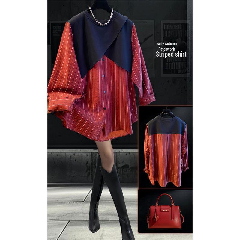 2026 Autumn Chic Patchwork Stripe Loose Long-Sleeve Women s Shirt 2XL красный