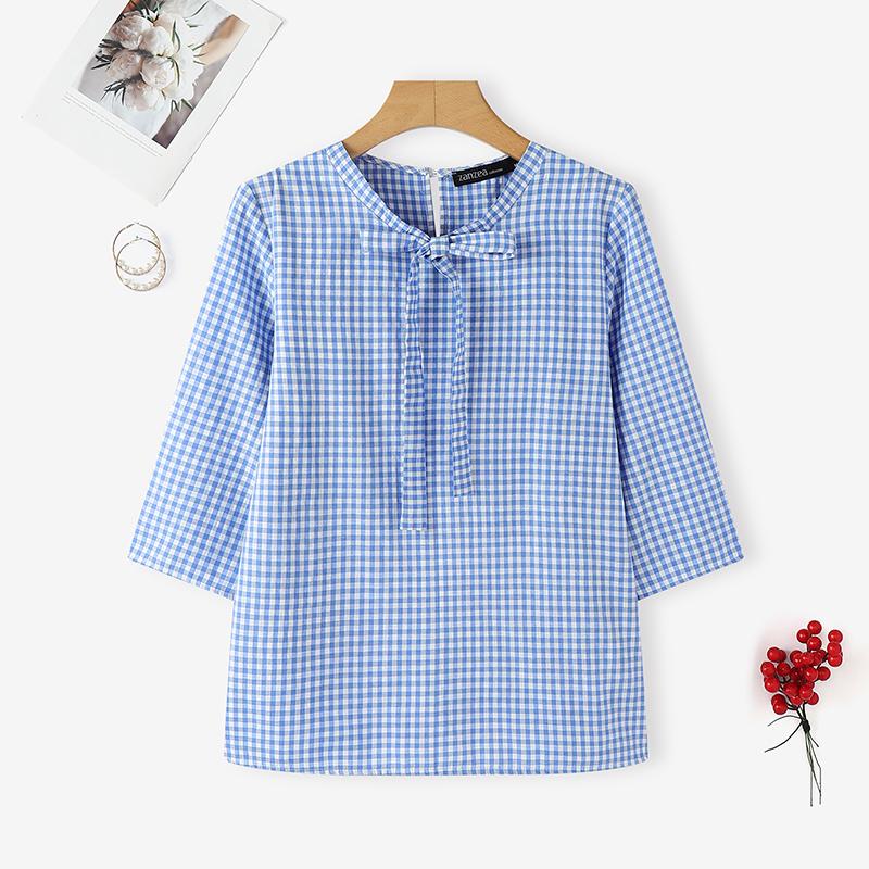 ZANZEA Women Plaid Print Casual Round Neck 3/4 Sleeve Blouse