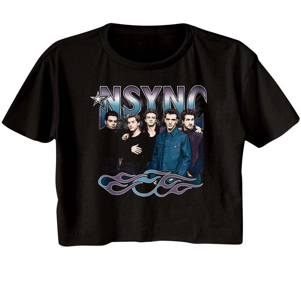 NSYNC Group Photo Cool Tones & Flames Women s Crop Top T Shirt Dance Pop Music S